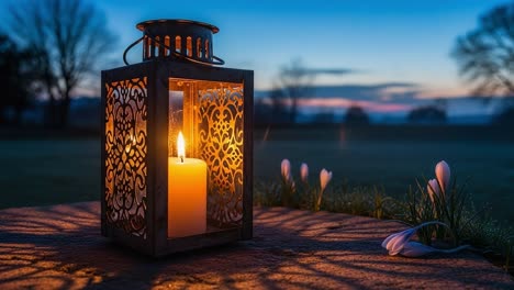 captivating lantern illuminating the serene landscape at dusk: a beautiful candlelit scene surrounded by early spring flowers in the twilight glow