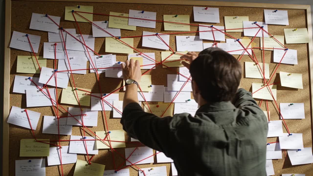 Reaching top pin, man in olive shirt tightening red string on corkboard in office, clarifying links