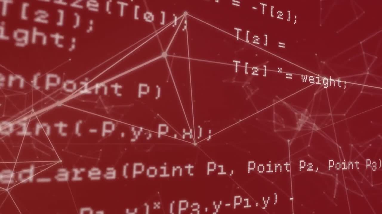 Animation of data processing network of connections over red background