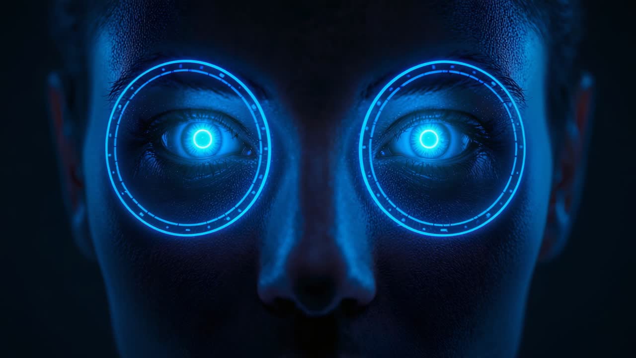 Activating female cyborg face initializing ringed eye implants in studio after pupil lights rising