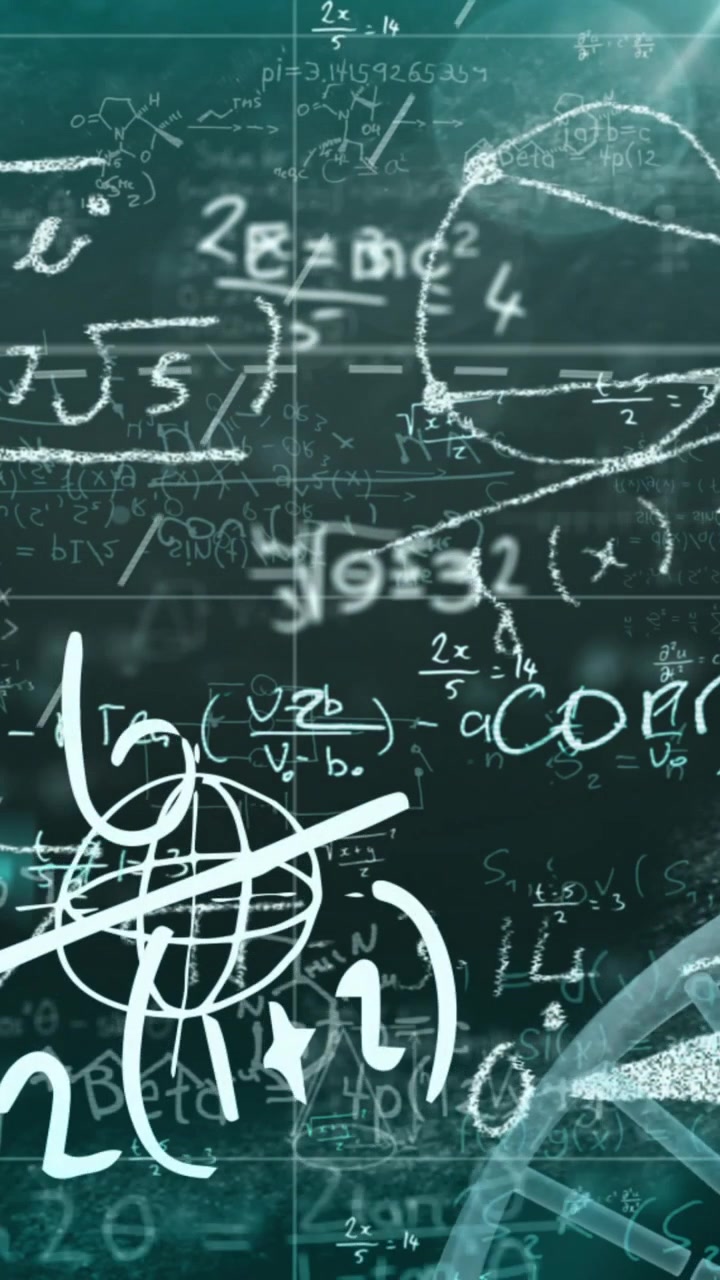 Animazione di elica del DNA con equazione matematica e diagrammi su sfondo astratto