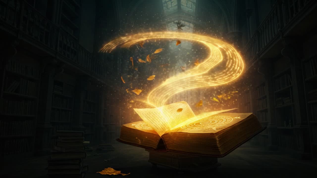 Magical Transformation of an Ancient Book in a Mystical Library with Enchanted Lights and Floating Pages, Capturing the Essence of Learning and Imagination