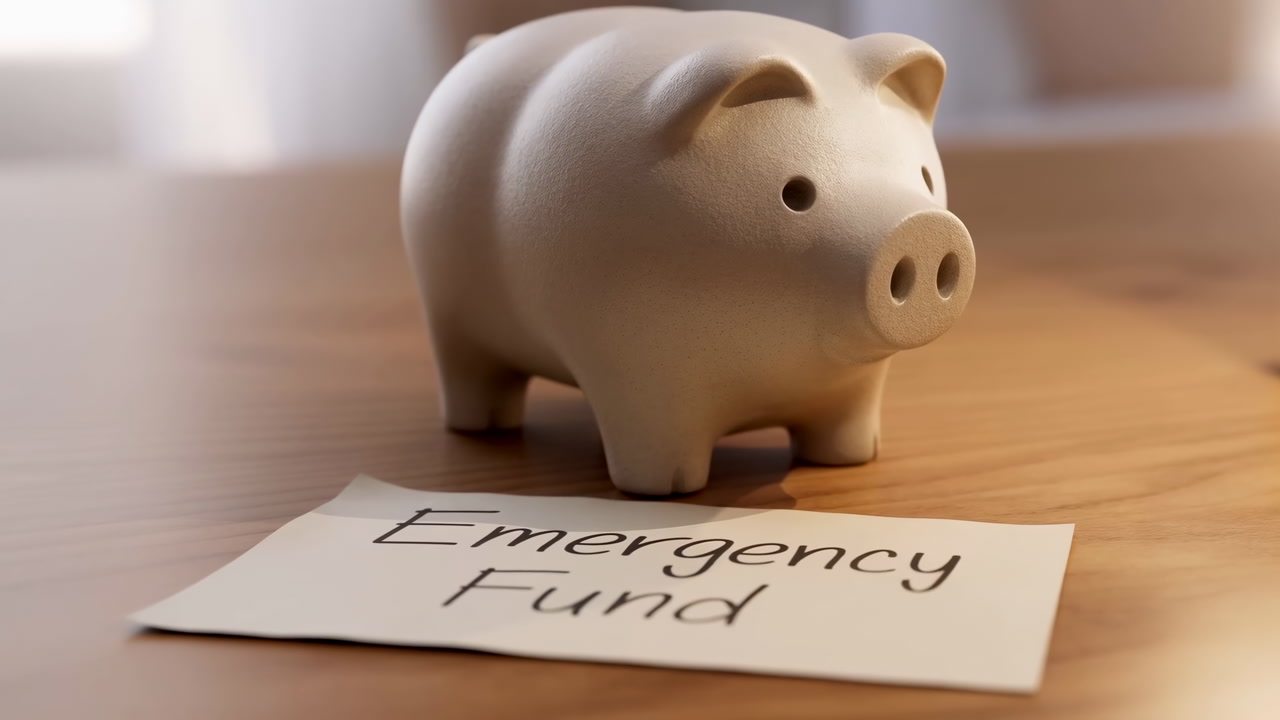 Piggy Bank On Wooden Desk Emergency Fund Note Visible, Closeup Of Ceramic Pig Under Warm Morning Light,