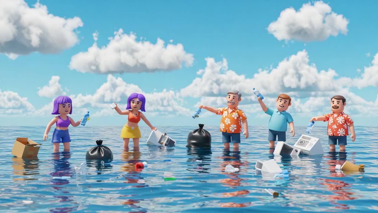 A Group of Cartoon Characters in Colorful Outfits Participate in a Cleaning Effort in a Polluted Ocean, Highlighting Waste Management and Environmental Awareness Through Playful Animation