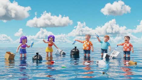a group of cartoon characters in colorful outfits participate in a cleaning effort in a polluted ocean, highlighting waste management and environmental awareness through playful animation