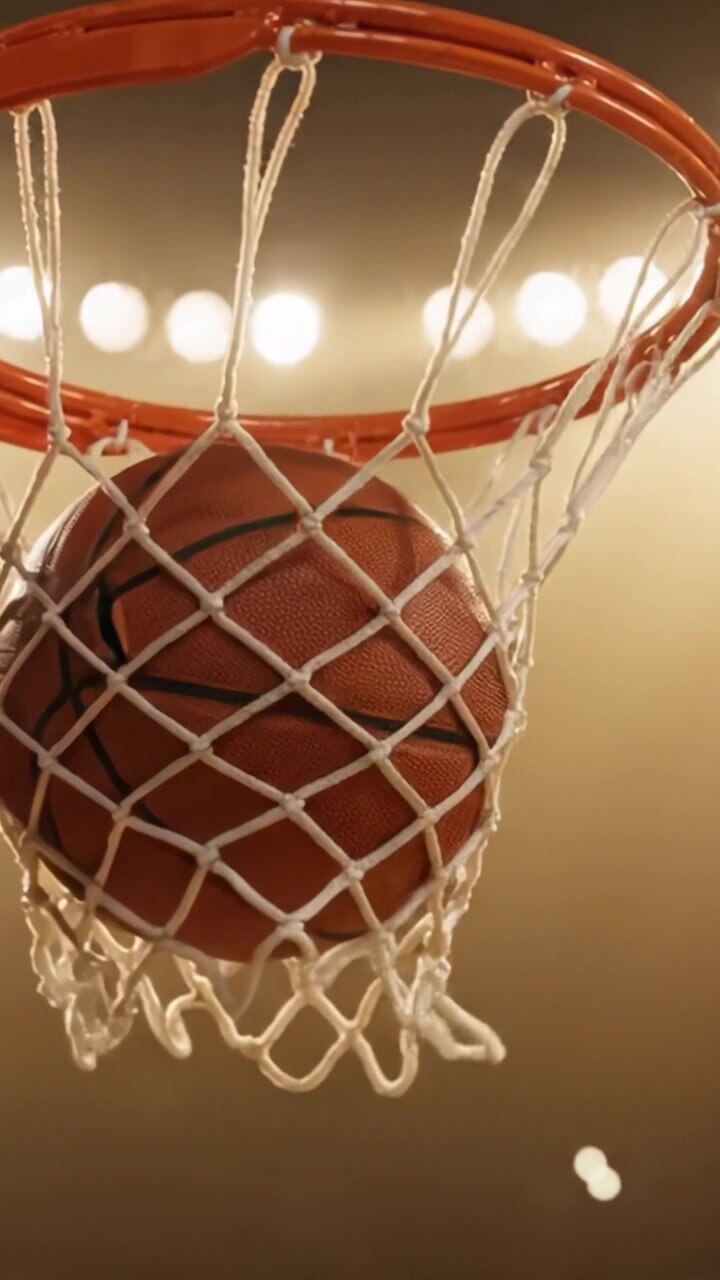 Uno Sguardo Dinamico al Canestro da Basket: Momenti Accattivanti dal Campo che Evidenziano la Rete in Maglia e l'Illuminazione Circostante
