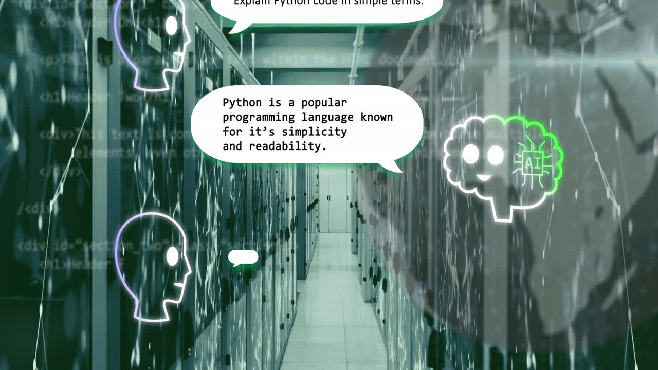 Animation of ai chat and networks over computer server room