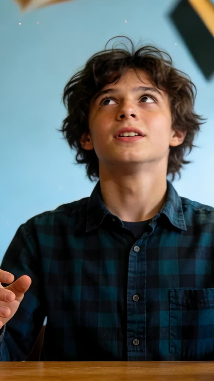 Video verticale: Un adolescente in camicia a quadri che segue con lo sguardo libri che passano sopra un tavolo per osservarne il movimento.