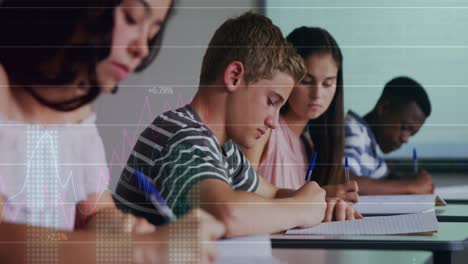 Animation-Der-Statistischen-Datenverarbeitung-über-Eine-Vielfältige-Gruppe-Von-Schülern,-Die-Im-Unterricht-In-Der-Schule-Lernen