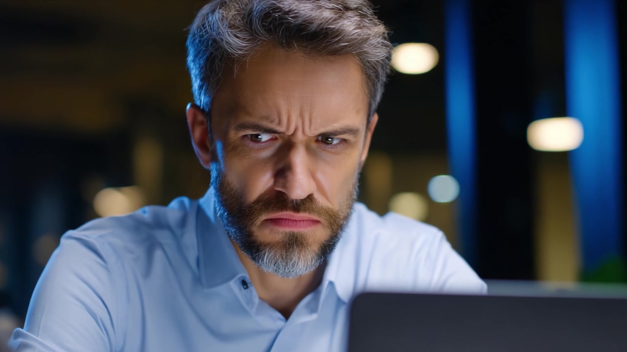 Intensive Konzentration: Ein frustrierter Mann starrt in einem schwach beleuchteten Raum auf einen Laptop-Bildschirm, kämpft mit Herausforderungen und erledigt Arbeits- oder Problemlösungsaufgaben.
