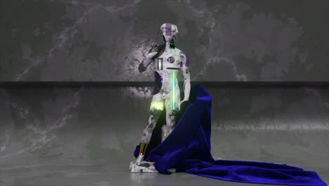 robot statue under a velvet cloak