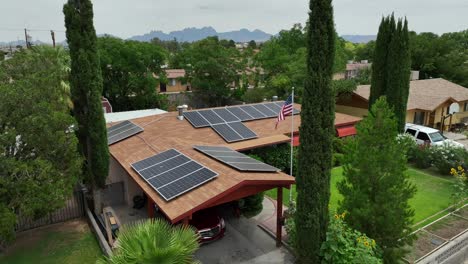 solar panels on american home with usa flag flying