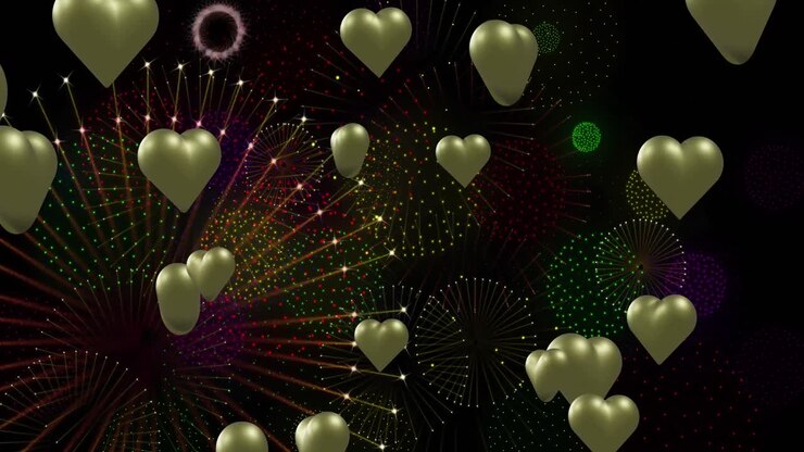 Animation of gold hearts over fireworks on black background