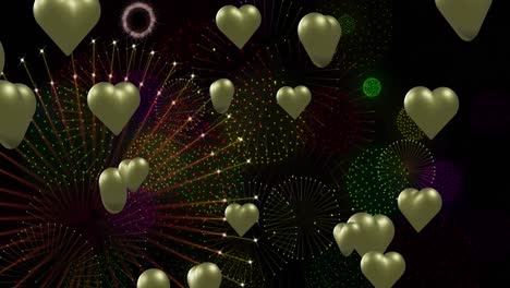 animation of gold hearts over fireworks on black background
