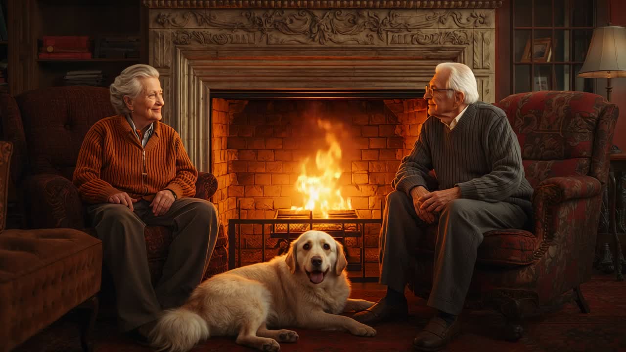 Flickering firelight causing senior couple exchanging glances in living room, with golden retriever