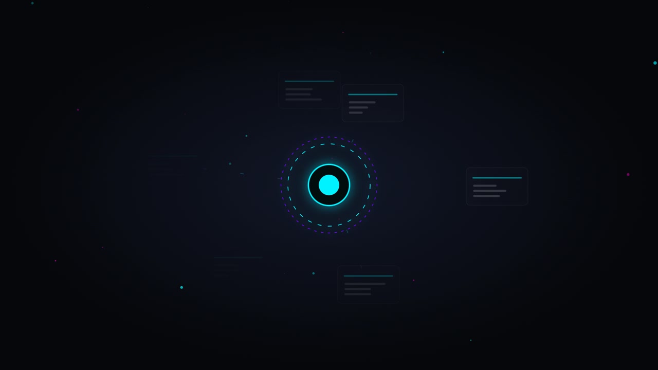 Abstract Digital Interface with Glowing Central Core and Floating Data Panels