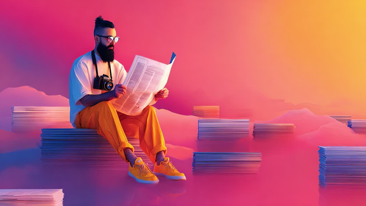 A Thoughtful Man Engaged in Reading a Newspaper Amidst a Vibrant, Dreamlike Landscape Filled with Layered Papers and Soft Pastel Hues, Reflecting Curiosity and Contemplation