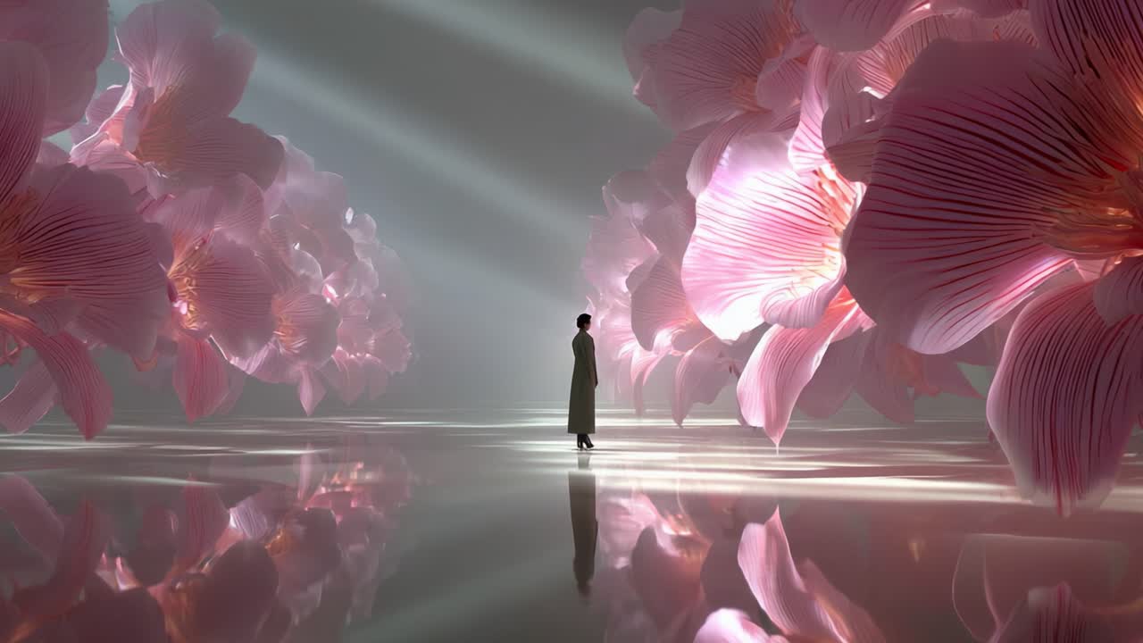 Woman Standing in a Dreamy Floral Landscape