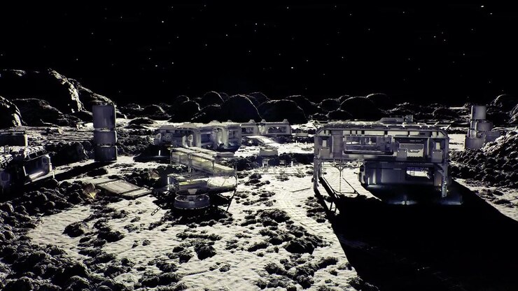 Space station scene modular habitat on moon with vehicle near crater edge