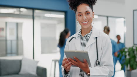 doctor, face or woman on tablet in busy hospital