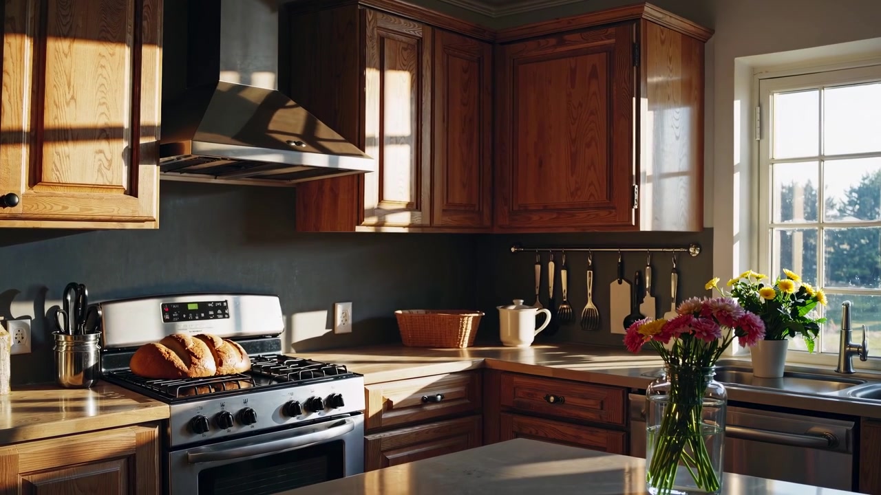 Sunlit Kitchen Interior with Fresh Bread and Flowers