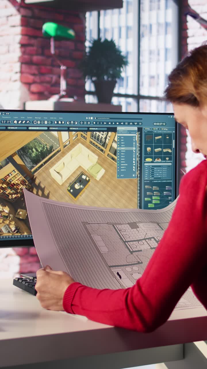 Vertical Video Freelancer designer decorates apartment floor plan using blueprints on pc