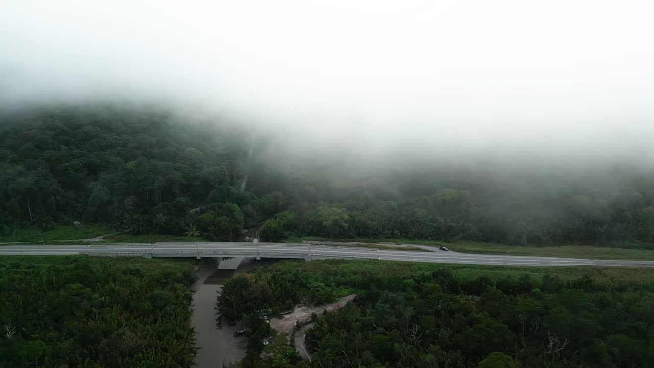 아리엘 드론 뷰 안개가 가득한 아침 해가 지고 푸른 숲이 세메파디 해안 도로 링크 사라와크, 보르네오에 있습니다.