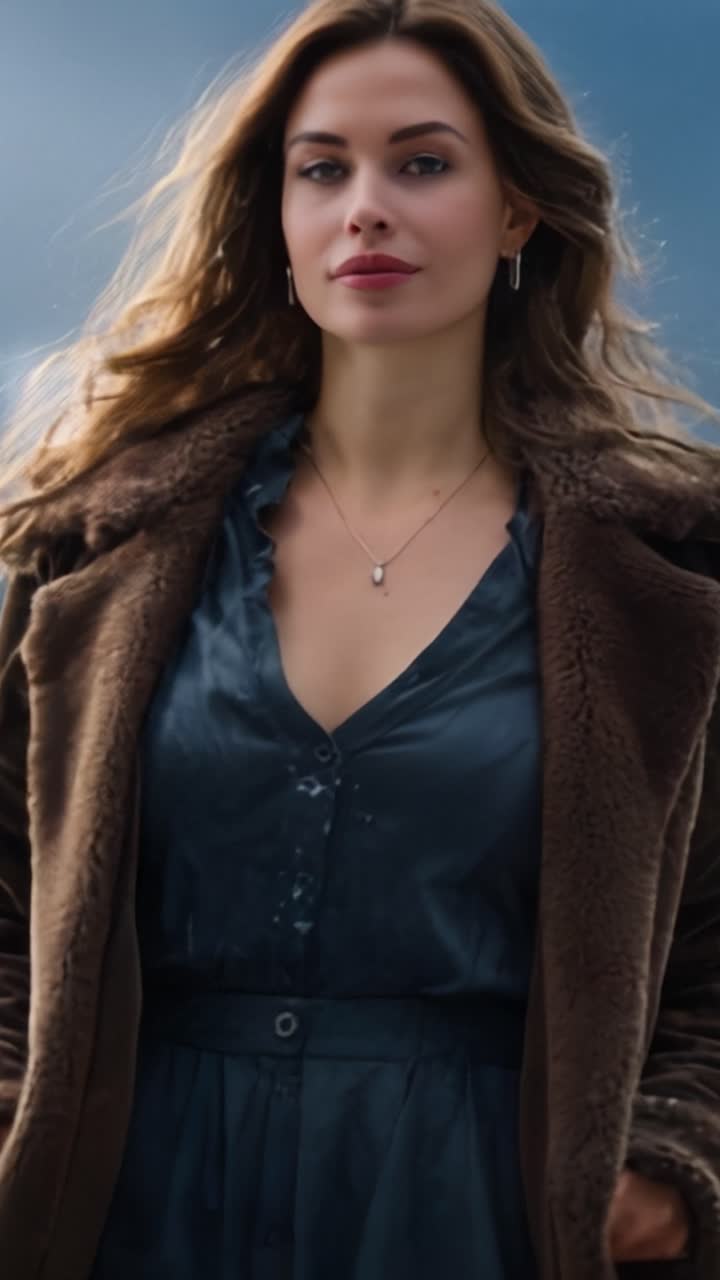 Una donna elegantemente vestita con un cappotto di pelliccia marrone posa in un paesaggio invernale, trasmettendo un senso di calore e stile in mezzo all'ambiente naturale freddo.