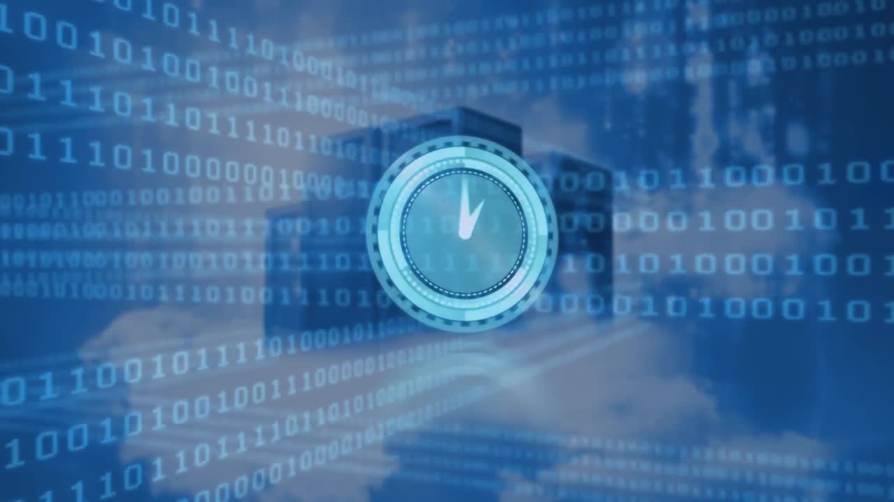 Animation of binary coding and moving clock over server room