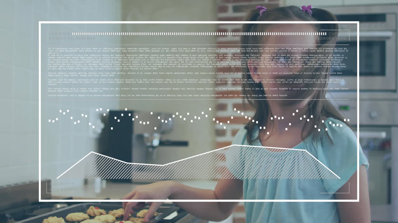 Baking cookies, child with data processing animation overlay in kitchen