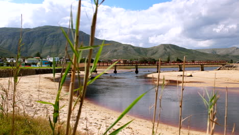 Toma-Deslizante-Detrás-De-Los-Juncos-Costeros-De-La-Laguna-Kleinmond-Rica-En-Taninos-Y-El-Puente-Peatonal