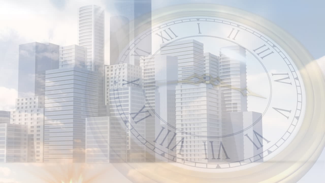 Animation of cityscape over clock moving
