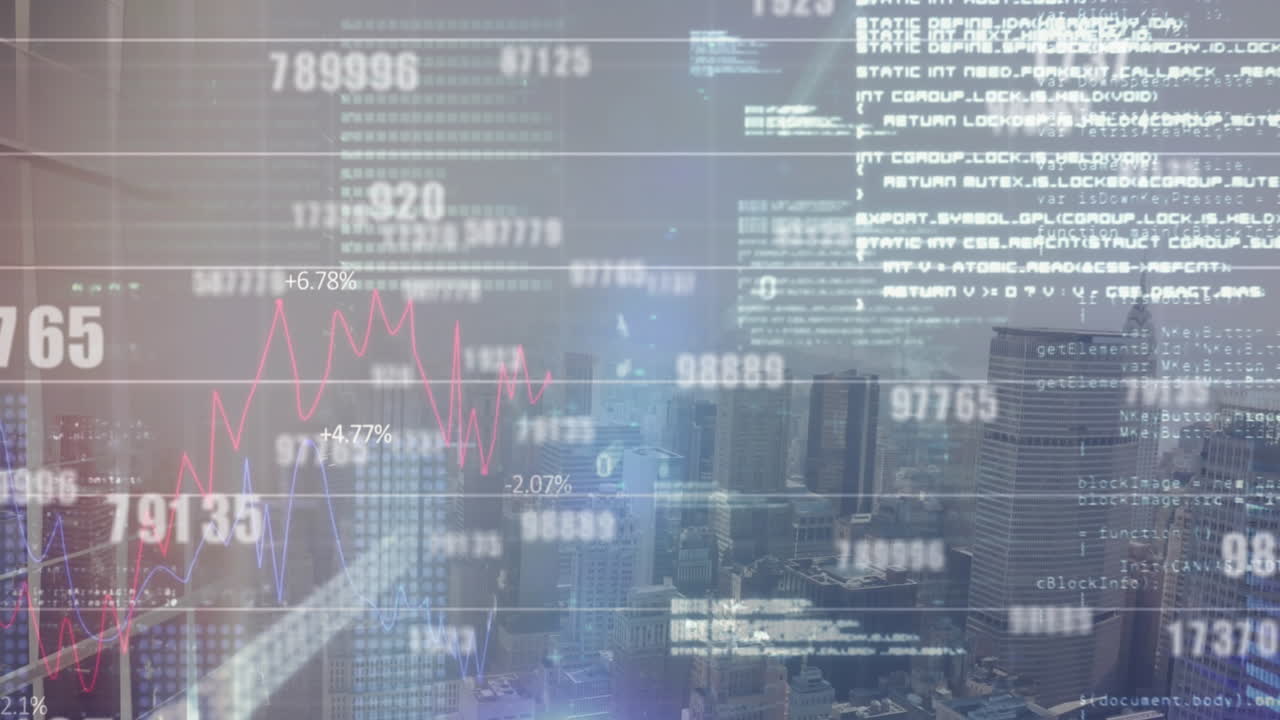 animación del procesamiento de datos financieros sobre el paisaje urbano