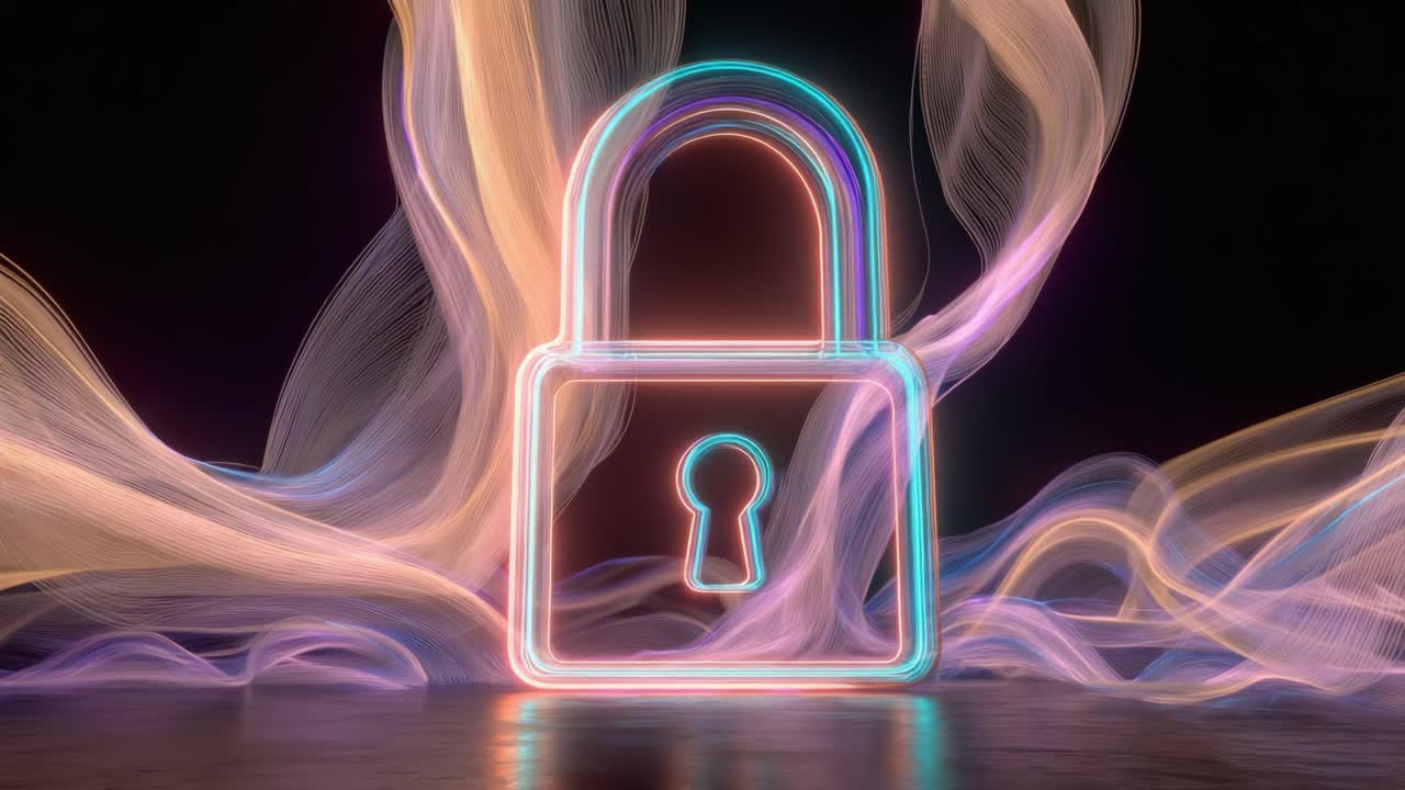 A Radiant Neon Lock Symbol Surrounded by Swirling Colorful Waves Representing Security and Digital Protection in a Modern Abstract Style