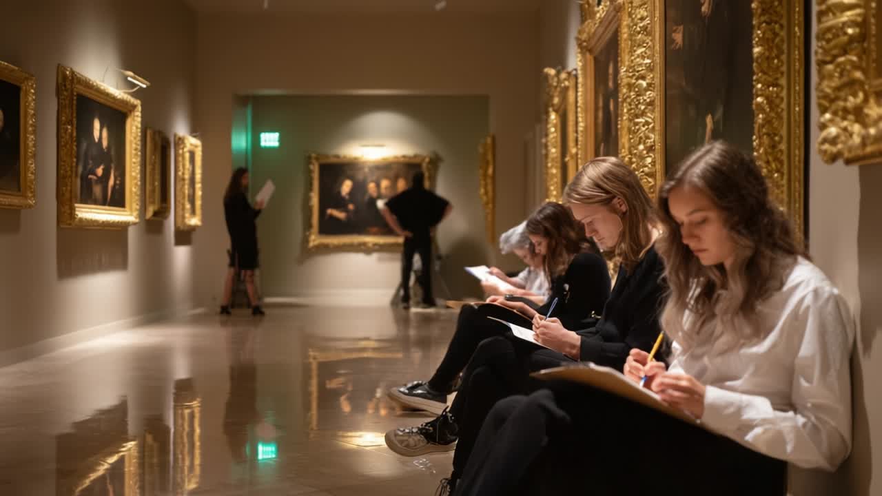Students Drawing in Art Museum Gallery