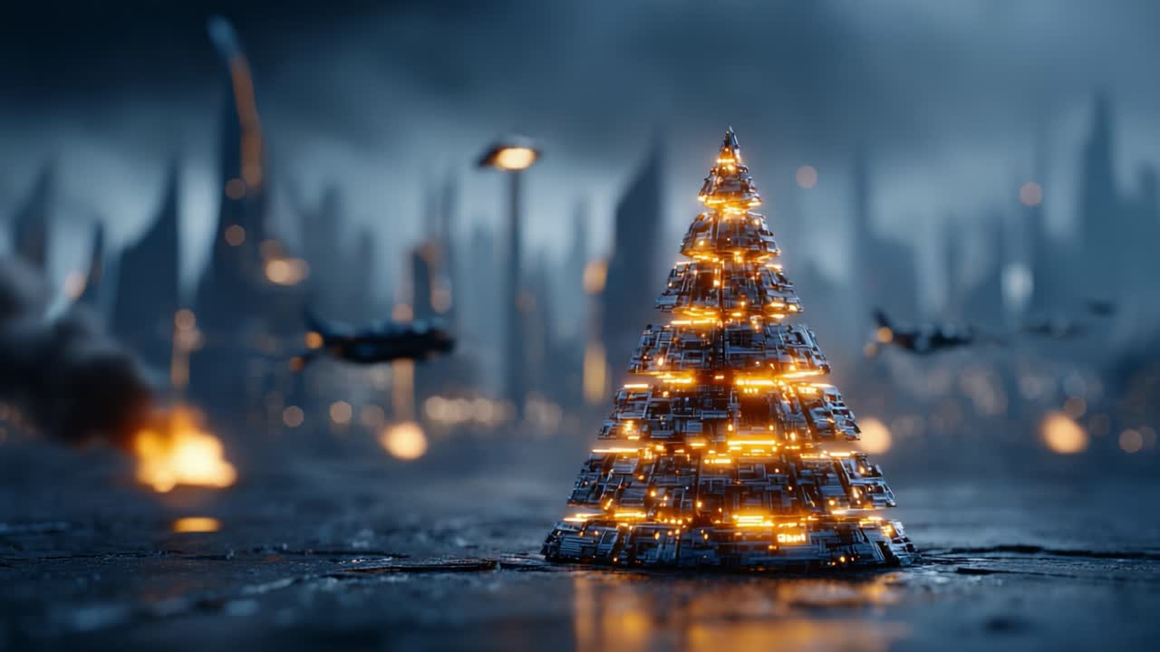 Et futuristisk juletræ oplyst med tech-lys omgivet af et dystopisk bybillede med droner og silhuetagtige skyskrabere i baggrunden