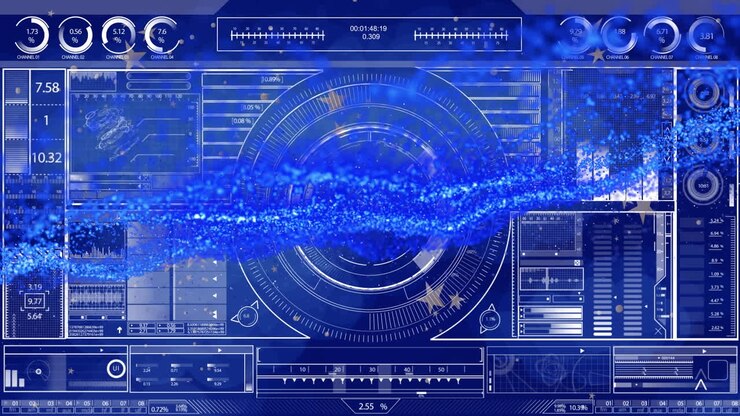 Animation of blue glowing light trails and data processing on screen