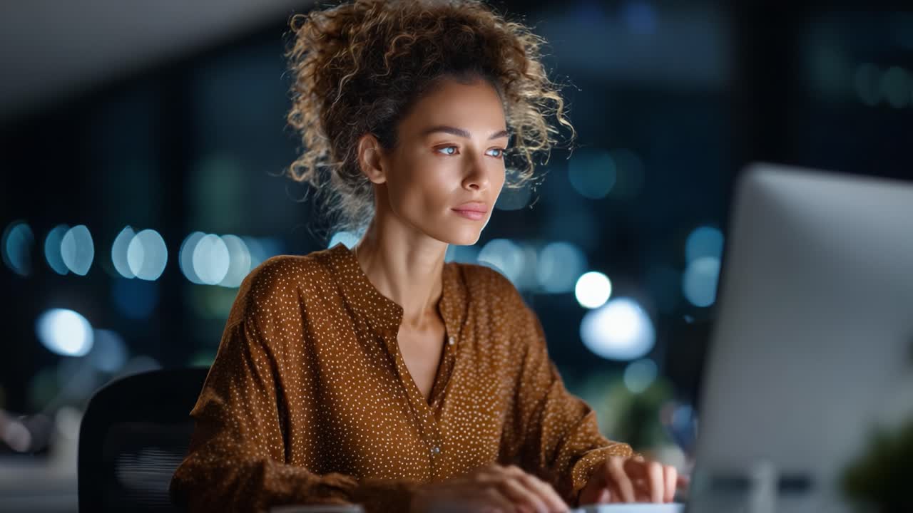 Focused Professional Working Late at Night on Computer, Utilizing Technology to Achieve Goals in Modern Office Environment, Exuding Confidence and Dedication