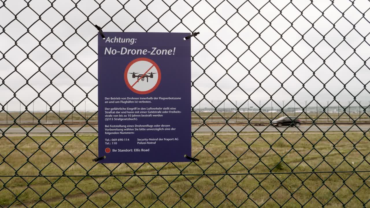 ninguna señal de advertencia de zona de aviones no tripulados en una valla en un aeropuerto
