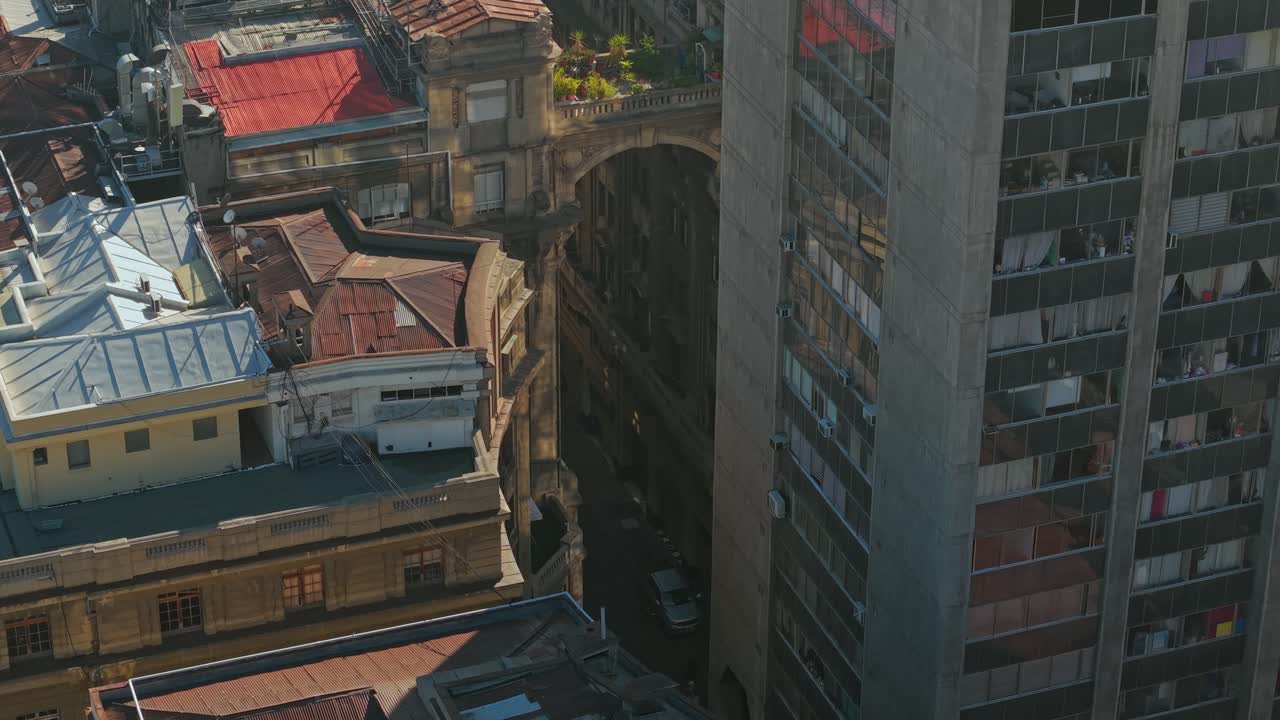Aerial shot overhead the archways at the historical Paseo Phillips in Santiago
