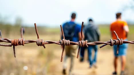 a group of people walking behind a barbed wire fence