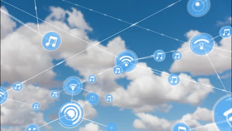 animación de la red de conexiones con iconos sobre el cielo con nubes