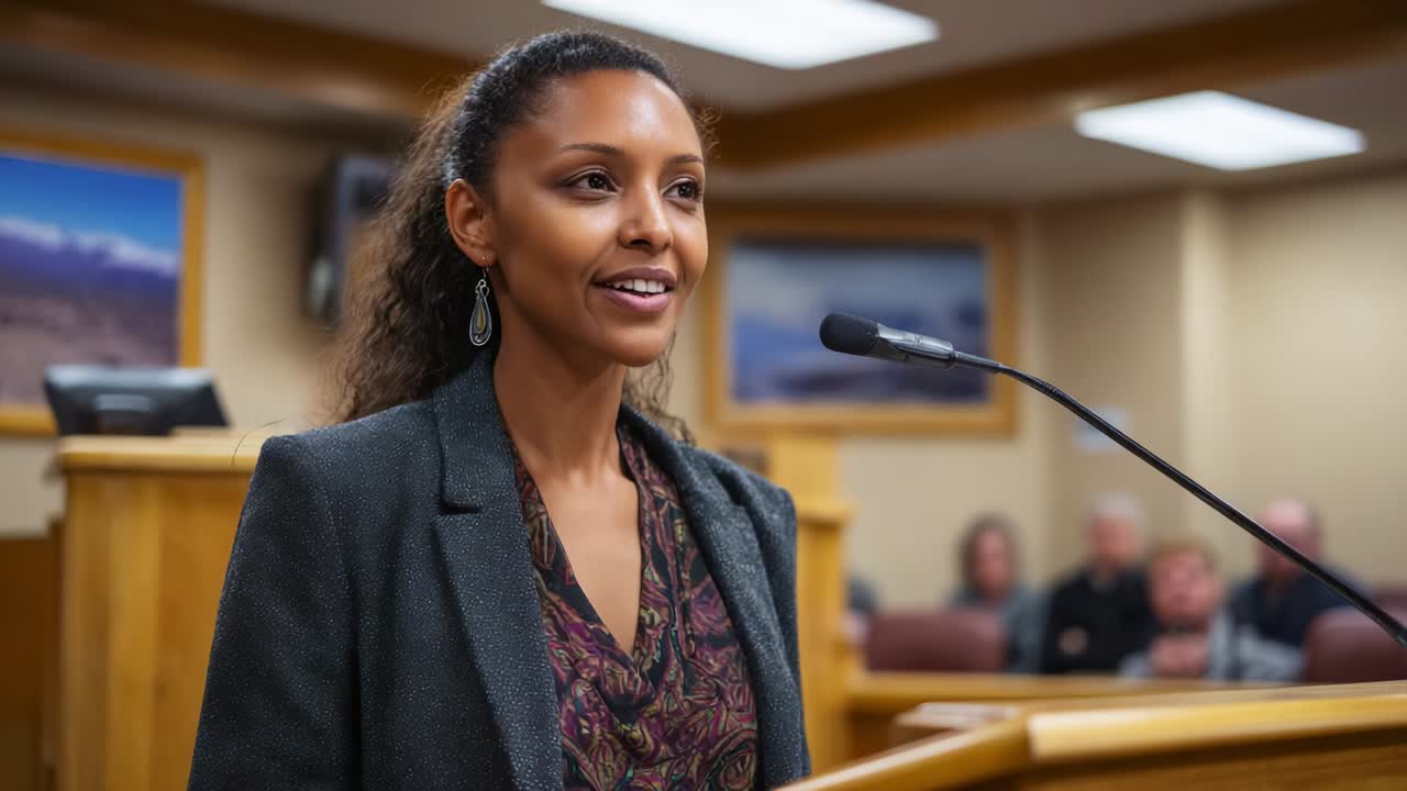 Confident Speaker Addressing Audience in Formal Setting: A Presentation Highlighting Key Issues and Engaging the Crowd with Authentic Expression and Poised Delivery in a Public Forum