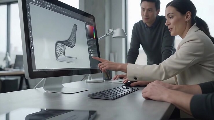 Equipe de design colaborando em modelo 3D de cadeira em escritório moderno