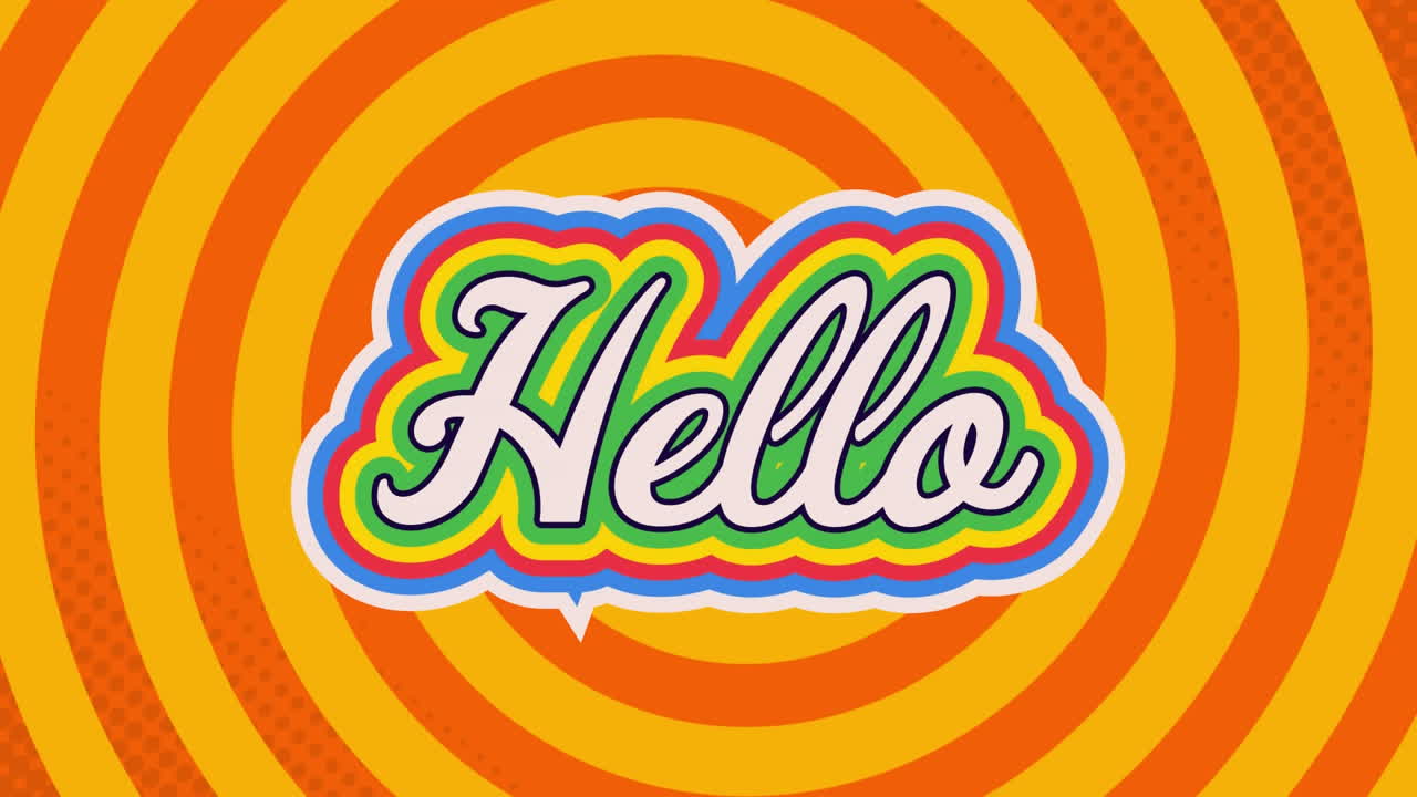 el texto arco iris retro "hello" se anima sobre rayas naranja-amarillas, que simbolizan el orgullo.