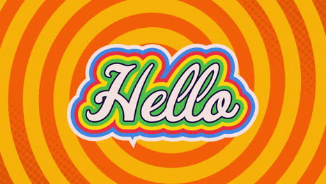 retro "hello" rainbow text animates over orange-yellow stripes, symbolizing pride.