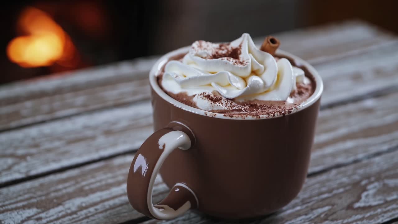 Close-up video shot of a steaming hot chocolate with whipped cream and cinnamon stick