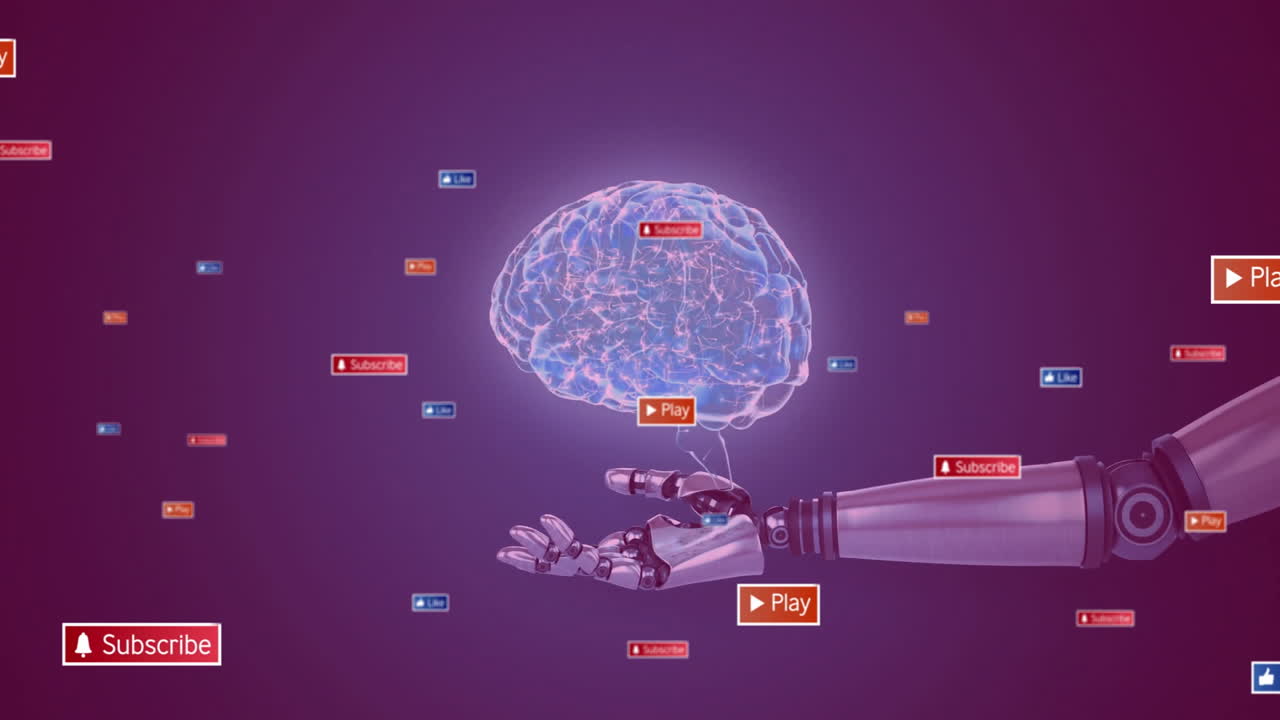 robot con la mano sosteniendo el cerebro con botones de suscripción y reproducción animación