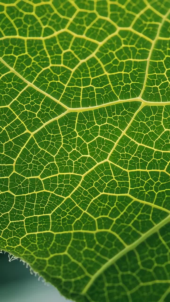 Vertical video: Panning camera showing green leaf close-up, revealing veins and hairs for detail