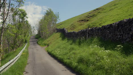 winding uphill road through green countryside with stone wall